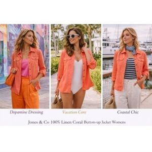 JONES & CO. Coral Peach 100% Linen Button Front Lagenlook Beachy Shacket Size L